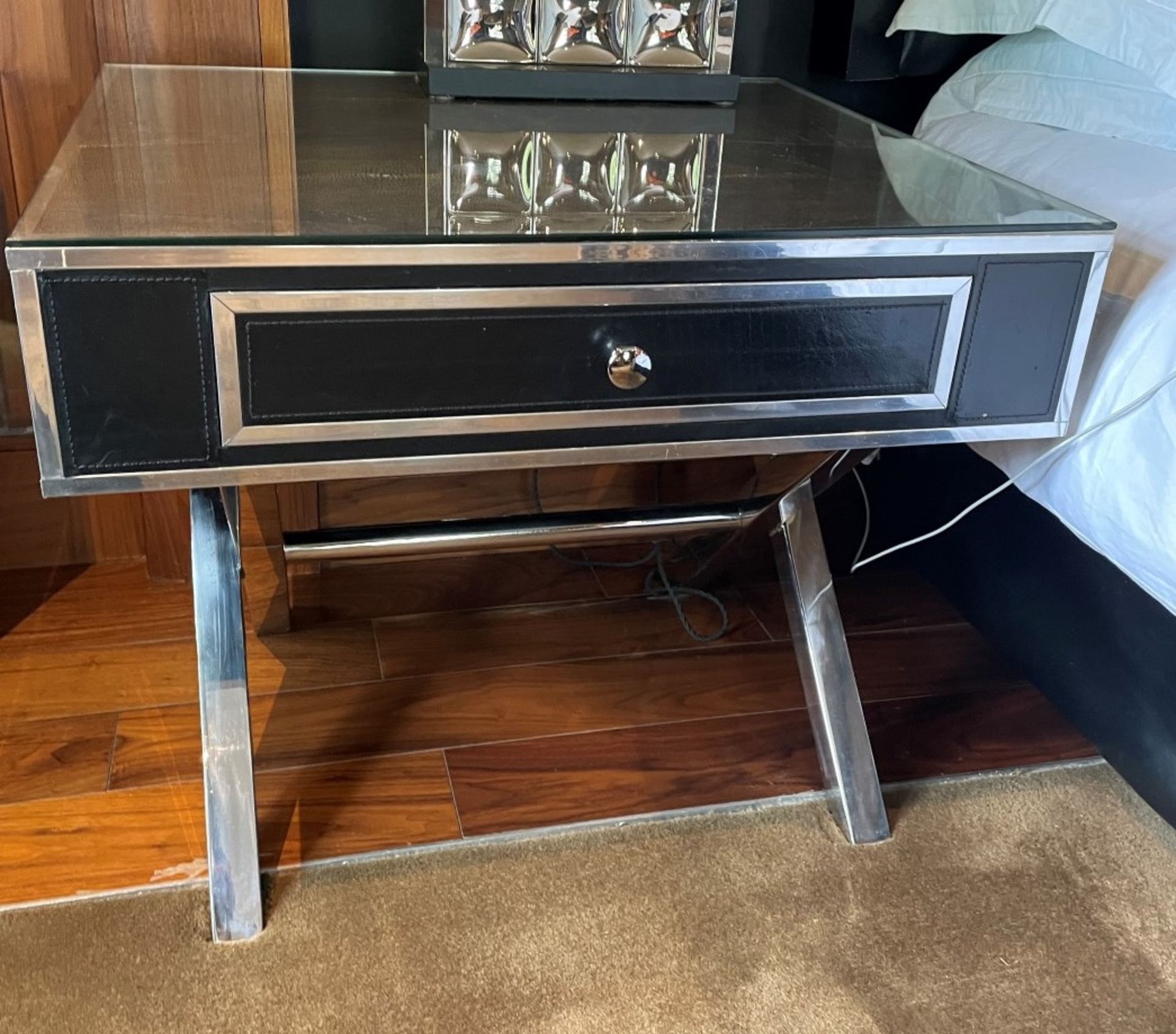 2 x Black Leather and Chrome Bedside Tables With Soft Closing Drawer, And Protective Glass Top - Image 6 of 10