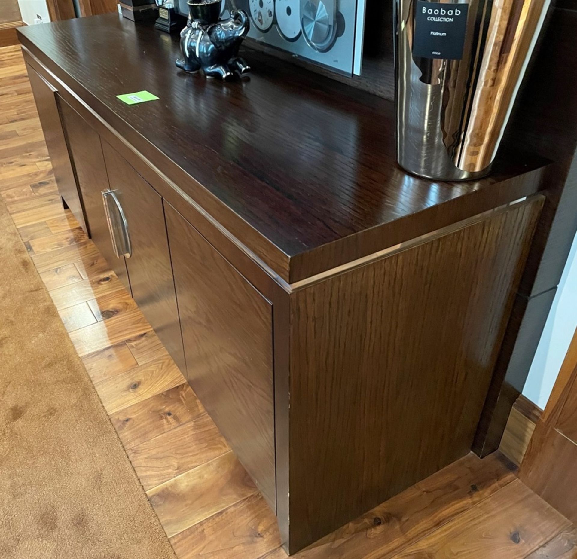 1 x Solid Wood 4-Door Sideboard In A Dark Stain With Silver Detailing - Dimensions: W180xD50xH73cm - Image 2 of 4