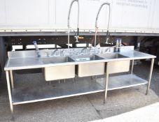 1 x Stainless Steel Commercial Wash Basin Unit With Three Large Sink Bowls With Mixer Taps, Two Spra