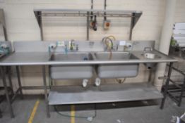 1 x Stainless Steel Commercial Wash Basin Unit With Twin Sink Bowl, Mixer Taps, Undershelf, Upstands