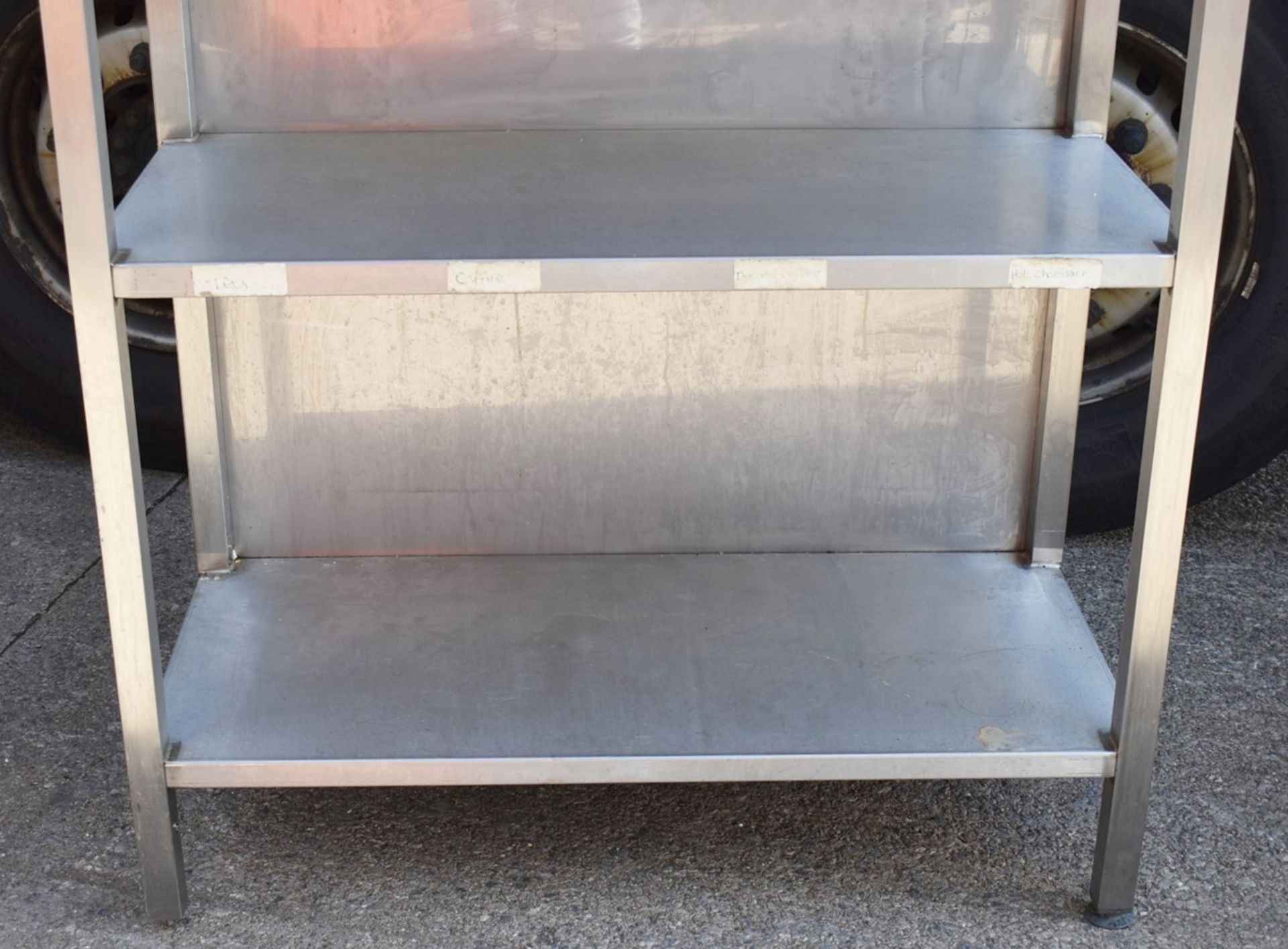 1 x Stainless Steel Commercial Kitchen Shelf Unit - Three Tier With Closed Back Panel - Recently Rem - Image 3 of 7