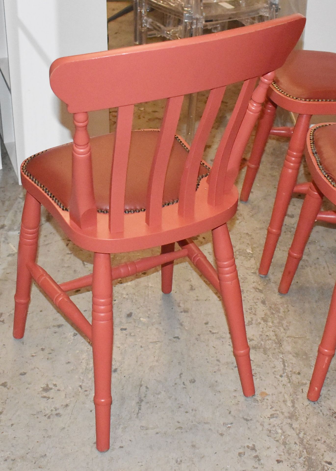 4 x Andy Thornton Solid Wood Farmhouse Dining Chairs Finished in Red With Studded Leather Seating Pa - Image 8 of 9