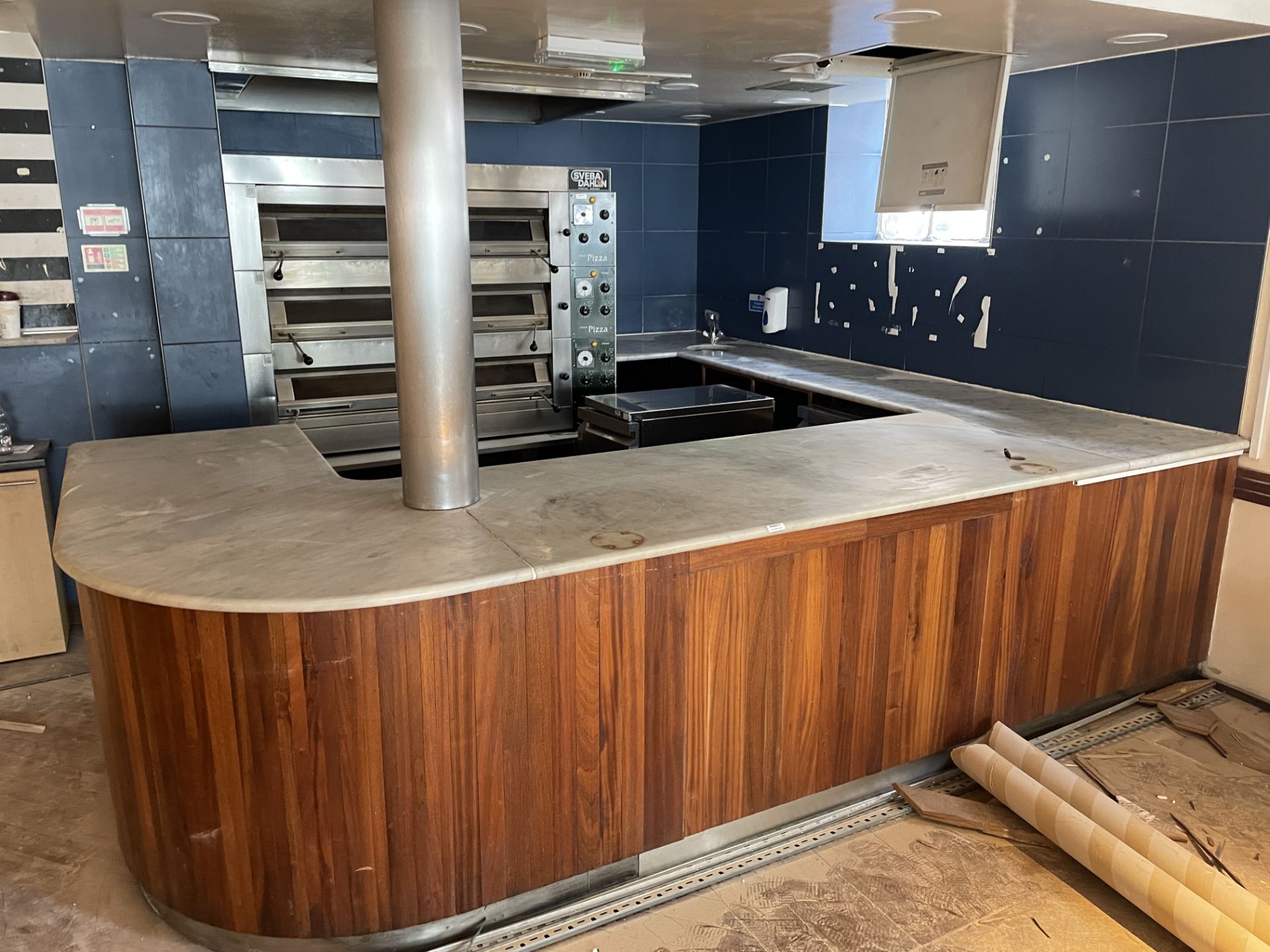 1 x Restaurant Service Bar Featuring Marble Top, Wood Panel Fascia and Rear Prep Area With Hand Wash