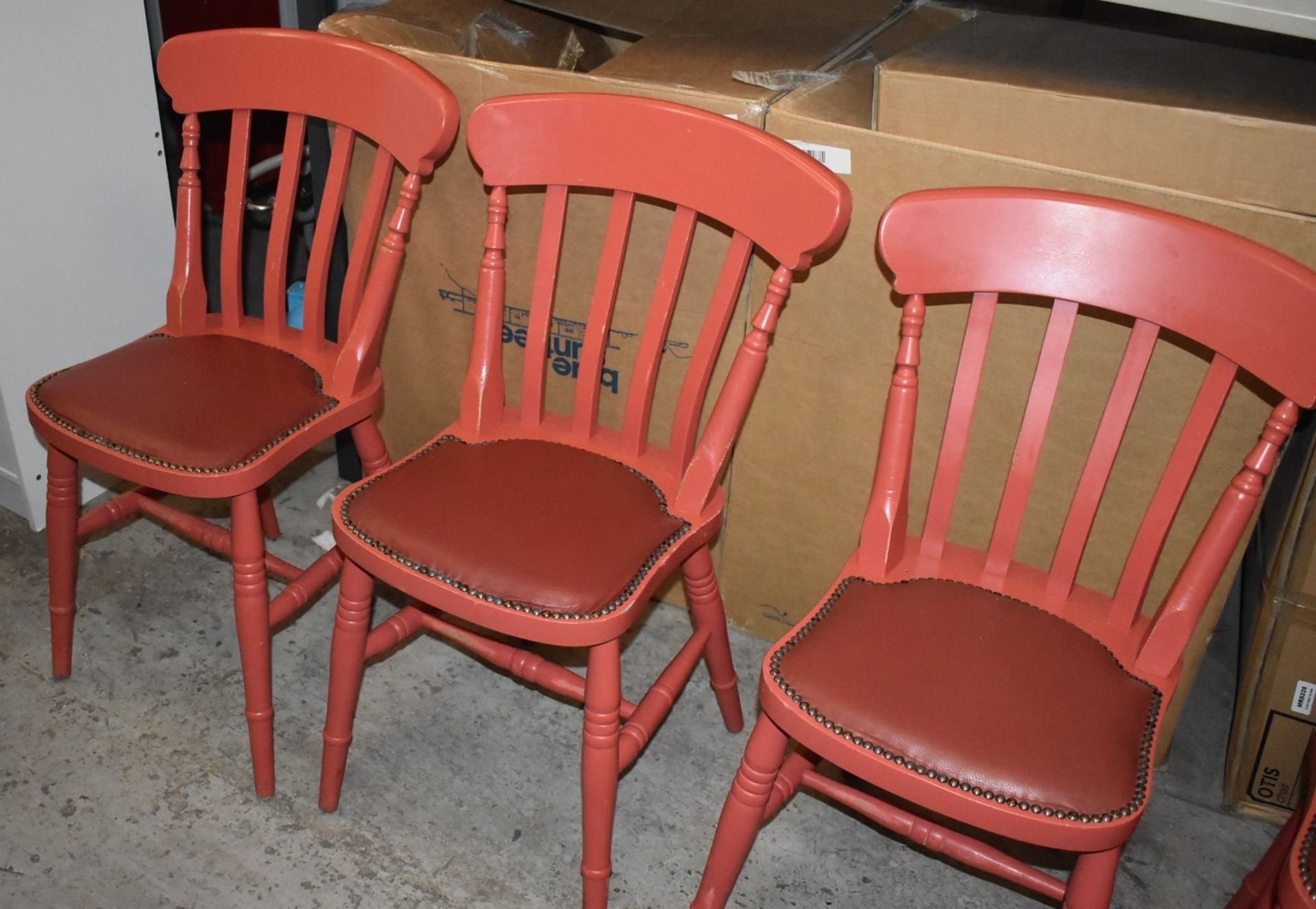 4 x Andy Thornton Solid Wood Farmhouse Dining Chairs Finished in Red With Studded Leather Seating Pa - Image 2 of 9