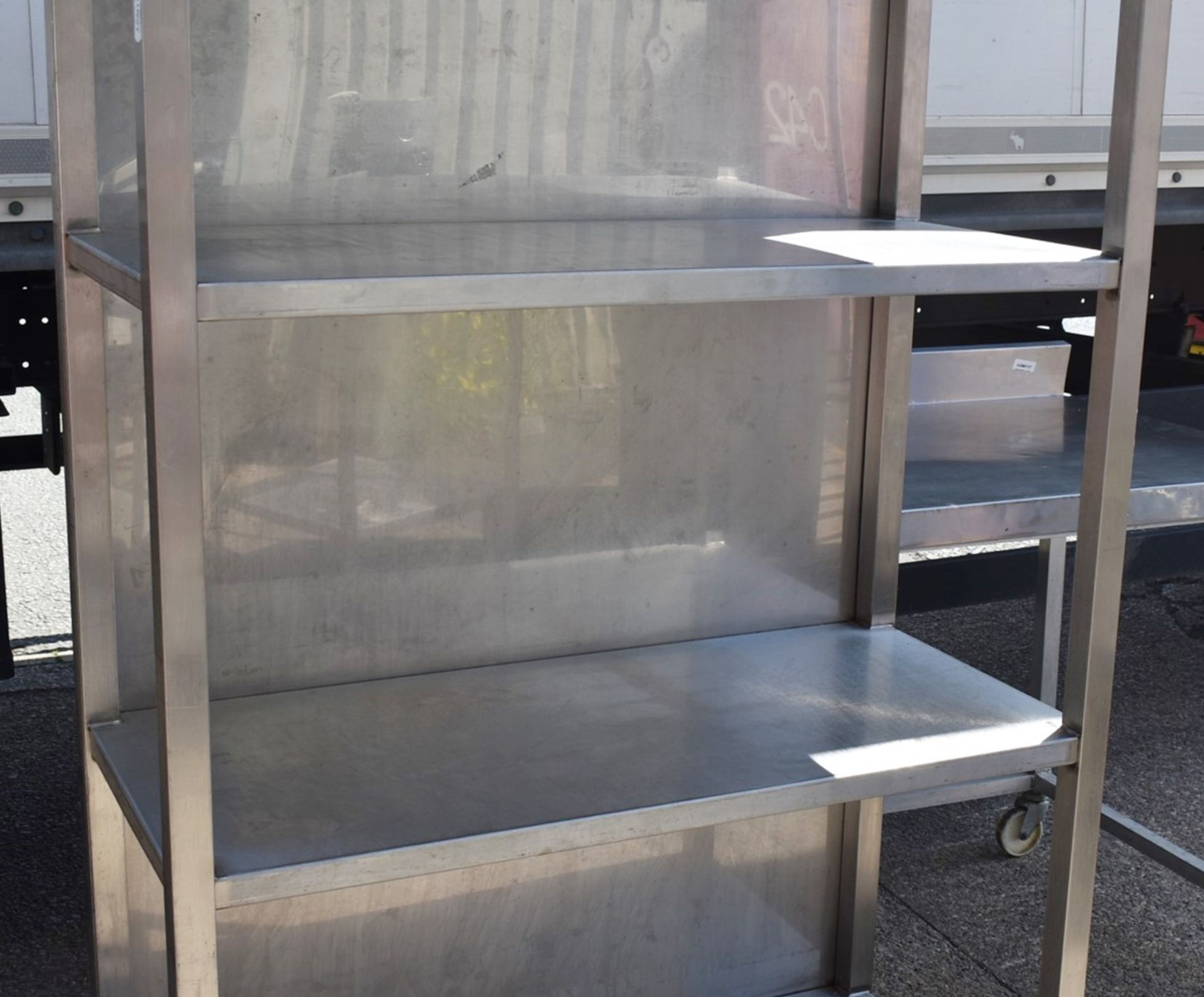 1 x Stainless Steel Commercial Kitchen Shelf Unit - Three Tier With Closed Back Panel - Recently Rem - Image 3 of 7