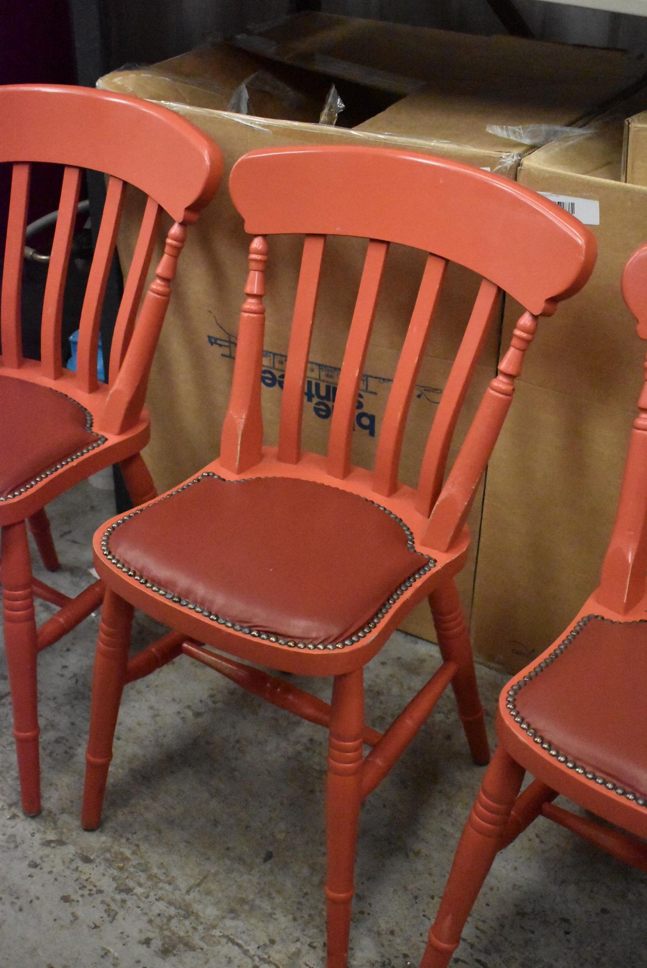 4 x Andy Thornton Solid Wood Farmhouse Dining Chairs Finished in Red With Studded Leather Seating Pa - Image 5 of 9