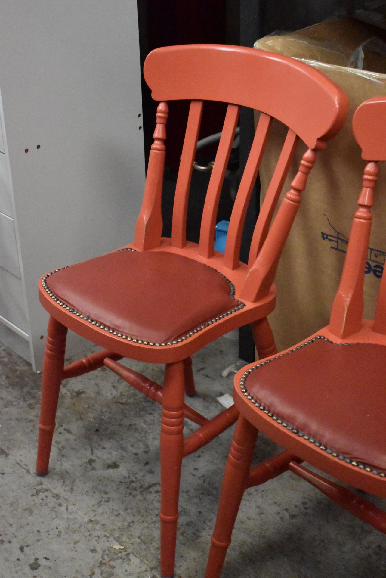 4 x Andy Thornton Solid Wood Farmhouse Dining Chairs Finished in Red With Studded Leather Seating Pa - Image 9 of 9