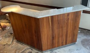 1 x Restaurant Service Reception Counter Featuring Marble Top, Wood Panel Fascia and Bin Chute