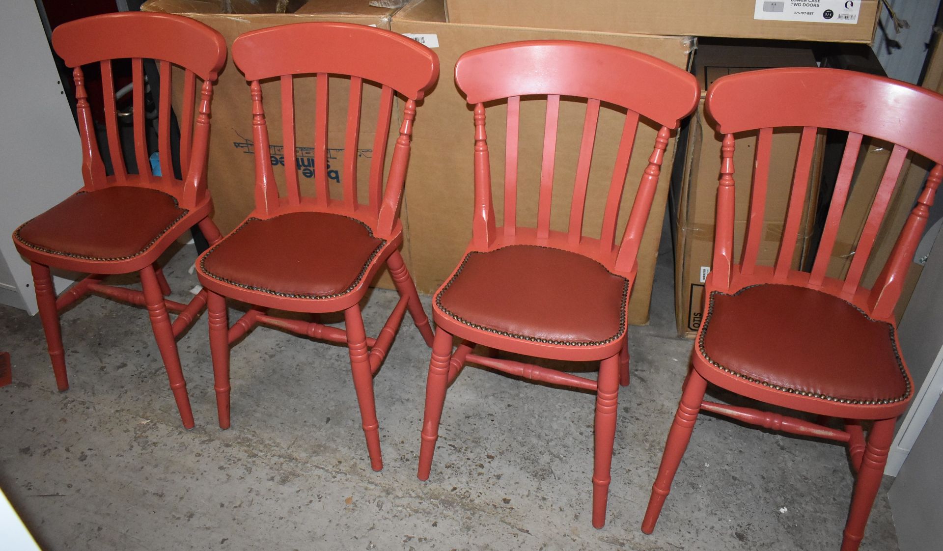 4 x Andy Thornton Solid Wood Farmhouse Dining Chairs Finished in Red With Studded Leather Seating Pa - Image 4 of 9