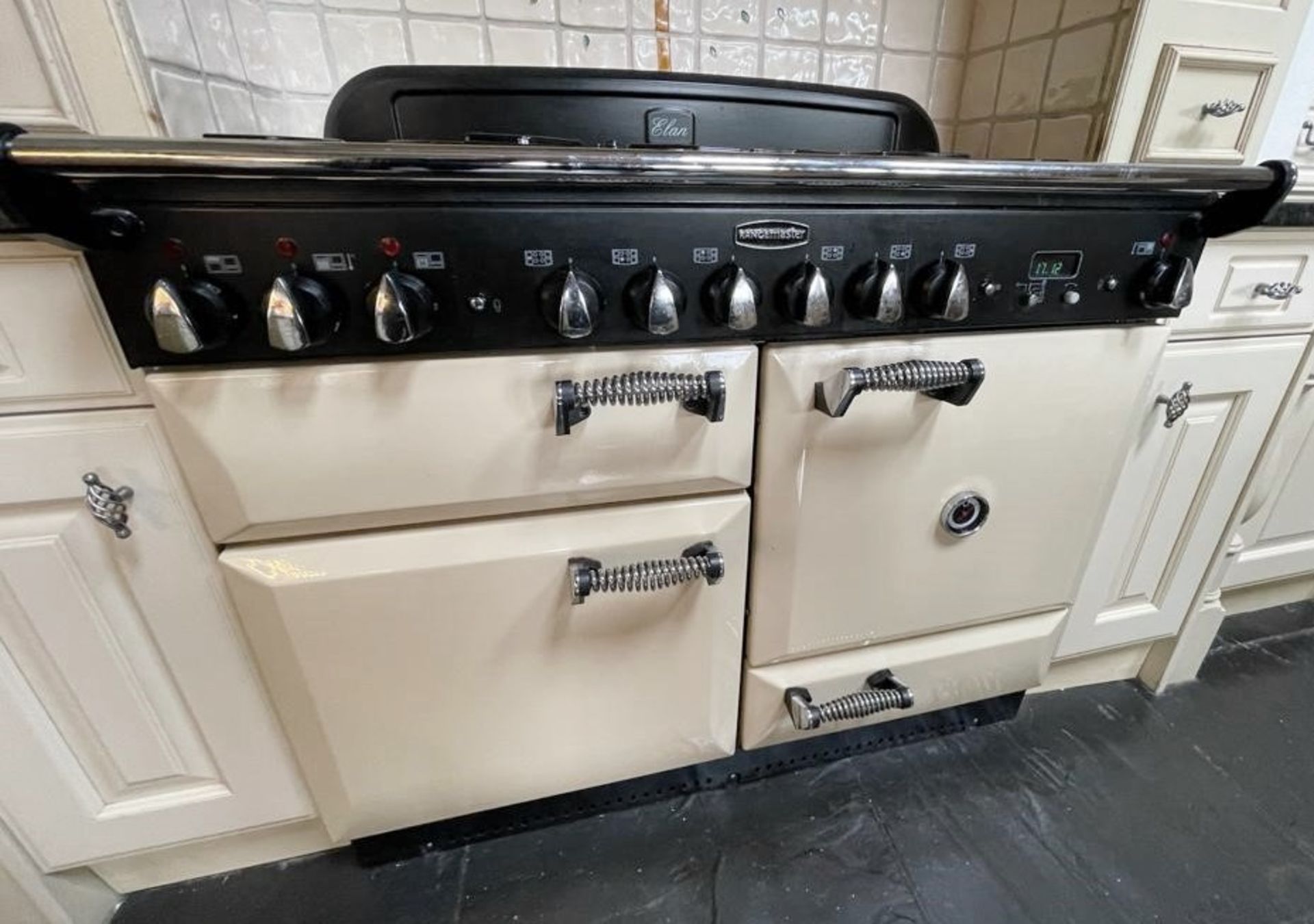 1 x RANGEMASTER ELAN 110 Dual Fuel Kitchen Range Cooker In Cream, Black And Chrome - Dimensions: 110