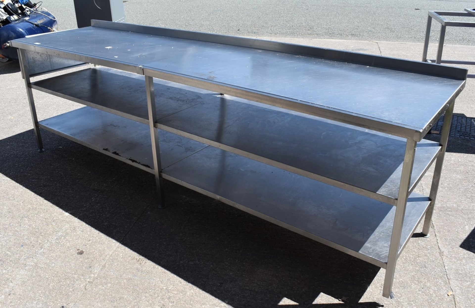 1 x Large 9ft Preparation Bench With Undershelves, Upstand and Integrated Knife Black - Recently Rem - Image 7 of 12