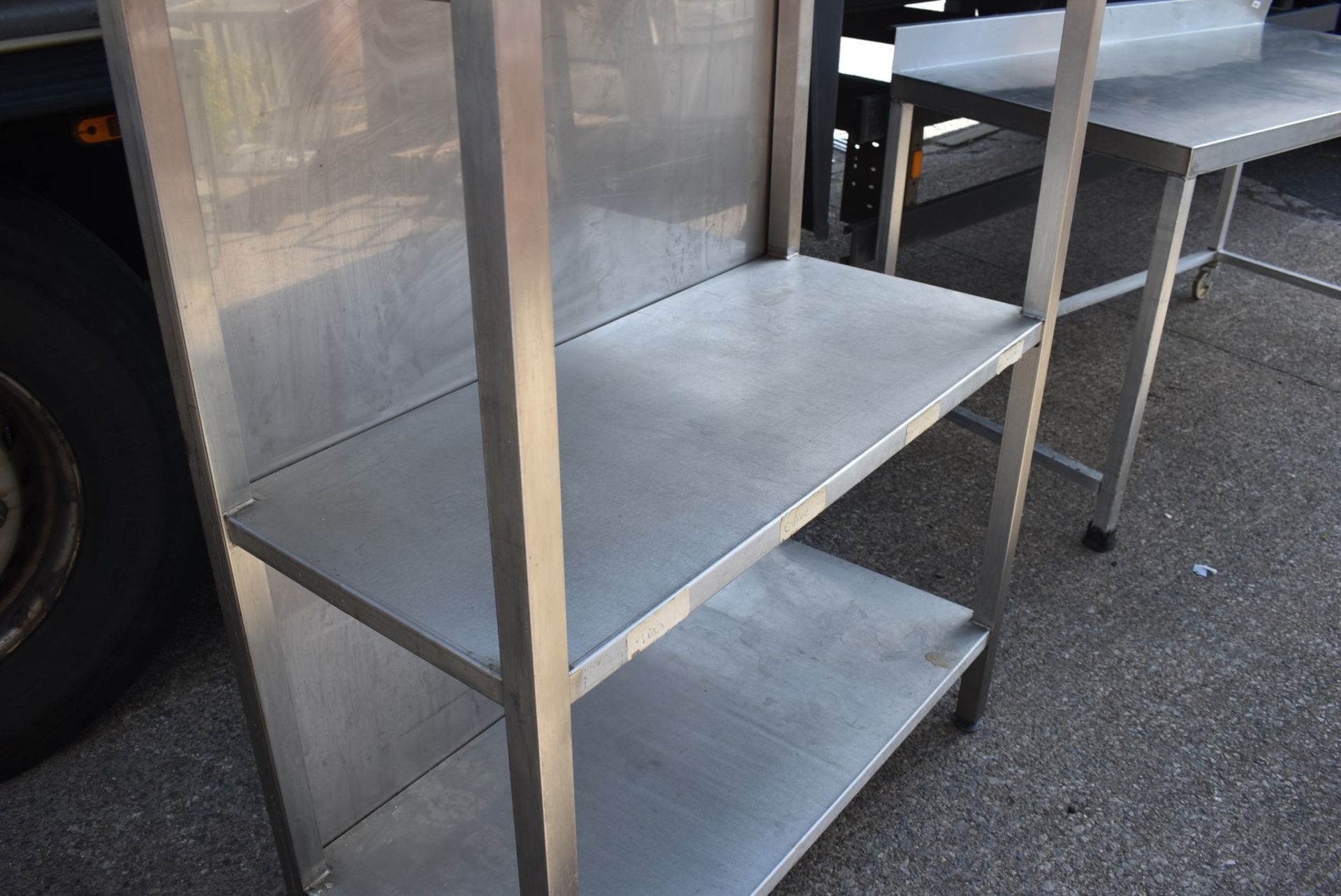 1 x Stainless Steel Commercial Kitchen Shelf Unit - Three Tier With Closed Back Panel - Recently Rem - Image 7 of 7