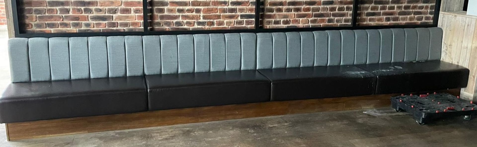 1 x Long Seating Bench With Brown Leather Seats and Grey Backrests - Comes in Four Sections For Easy - Image 3 of 5