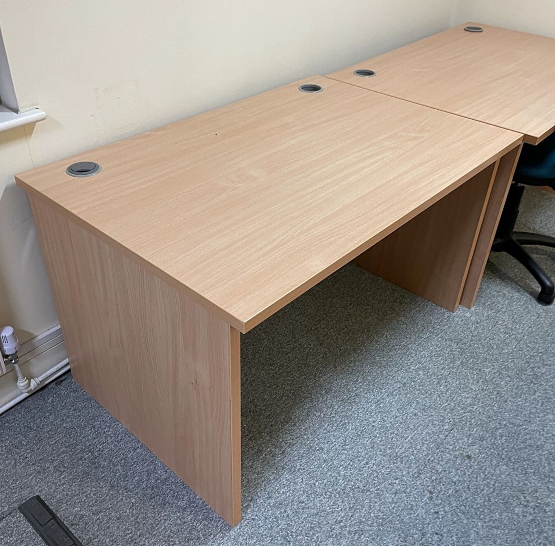 2 x Rectangular Office Desks Featuring A Beech Finish And Cable Ports