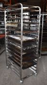 1 x Bakers Mobile Tray Rack With Approx 11 x Perforated Baking Trays - Stainless Steel With