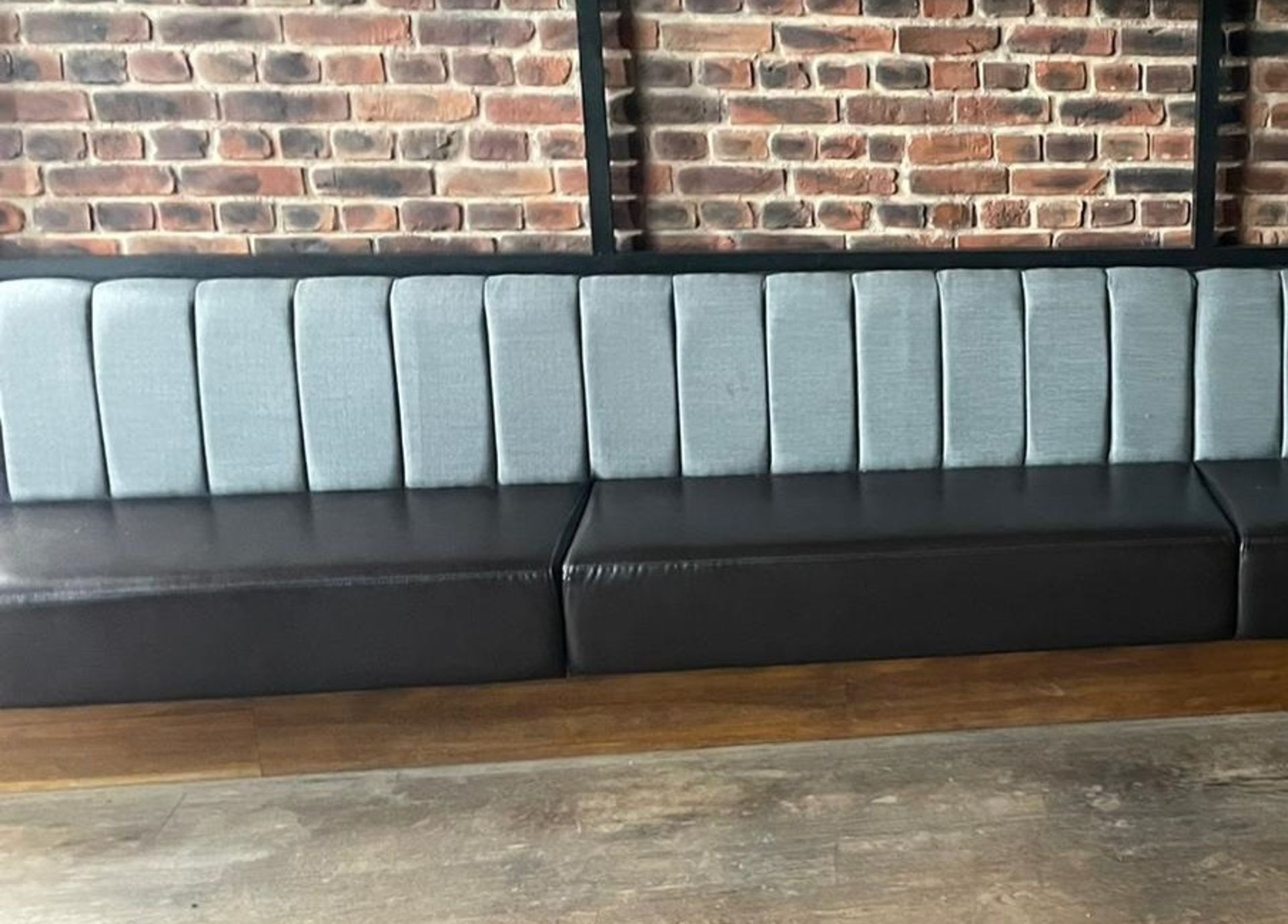 1 x Long Seating Bench With Brown Leather Seats and Grey Backrests - Comes in Four Sections For Easy - Image 4 of 5