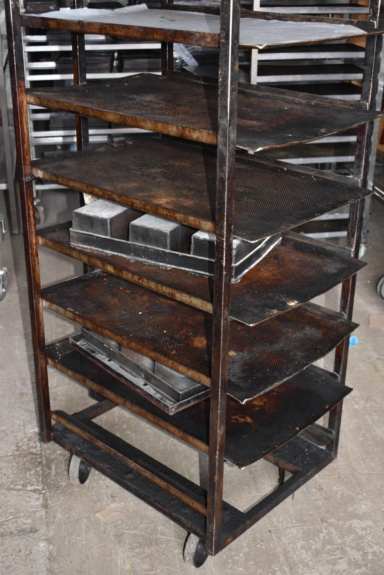 1 x Bakers Mobile Tray Rack With Approx 8 x Perforated Baking Trays - Stainless Steel With Castors - - Image 2 of 6