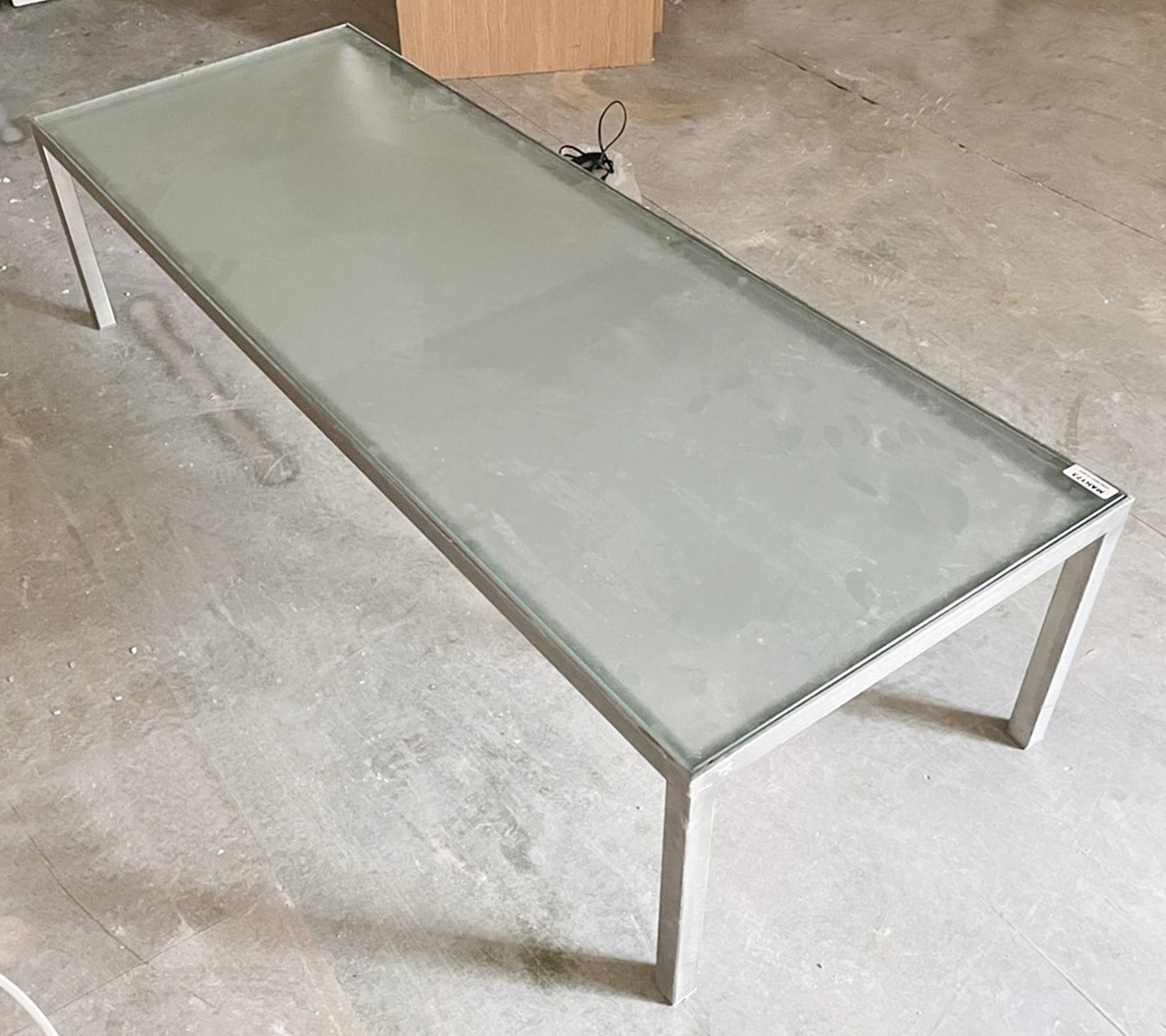 1 x Contemporary Low Coffee Table With Inlaid Glass Top And Metal Base - Dimensions: H37 x W155 x