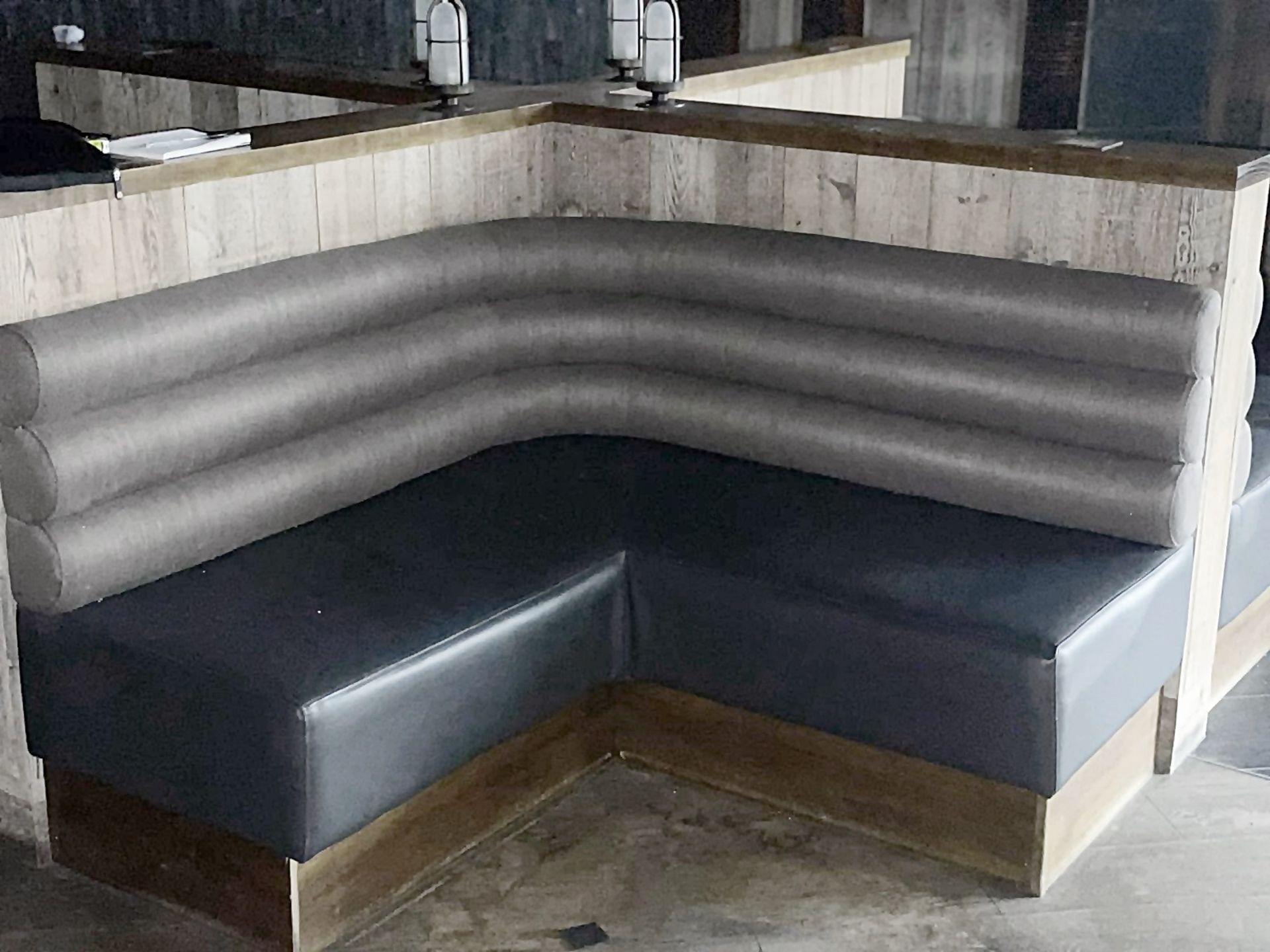 4 x Corner Seating Benches Upholstered in Two Tone Grey Leather and Fabric - Dimensions: 245 x 130