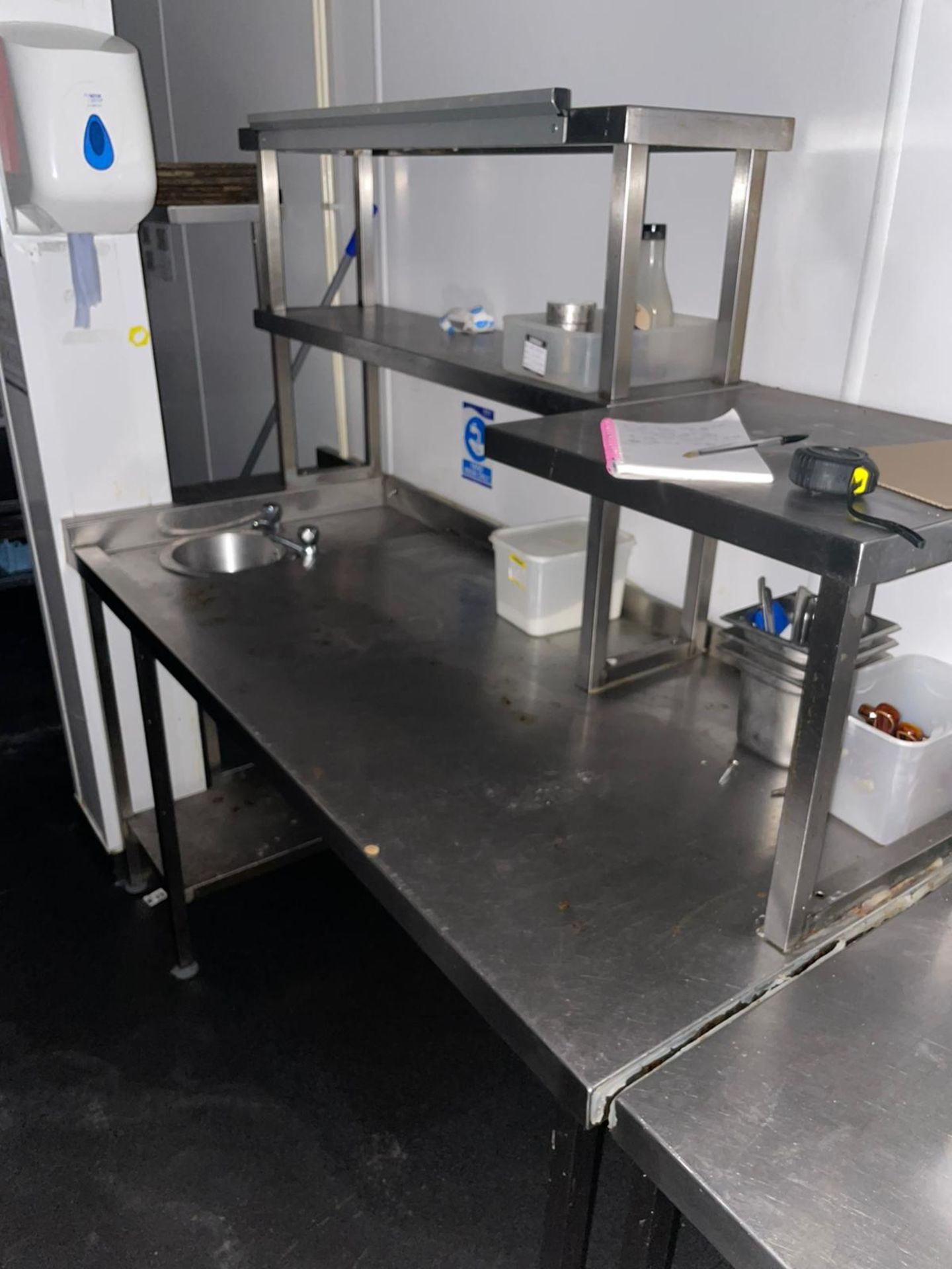 1 x Stainless Steel Prep Table With Hand Wash Basin, Shelves, and Ticket Rail - Dimensions: H90 x