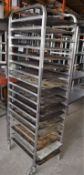 1 x Bakers Mobile Tray Rack With Approx 19 x Perforated Baking Trays - Stainless Steel With