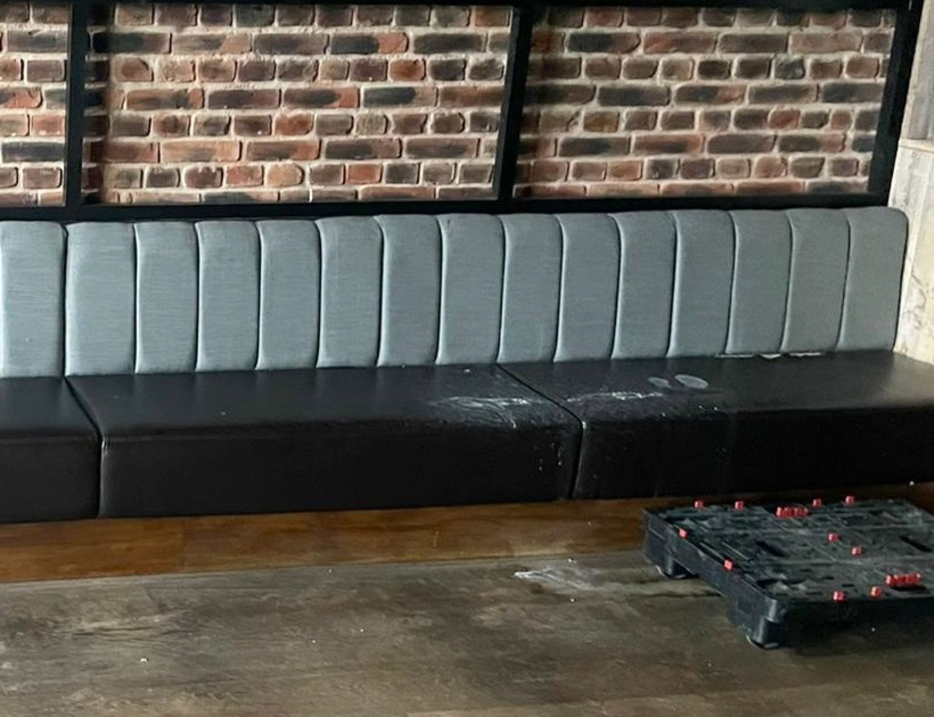 1 x Long Seating Bench With Brown Leather Seats and Grey Backrests - Comes in Four Sections For Easy - Image 5 of 5
