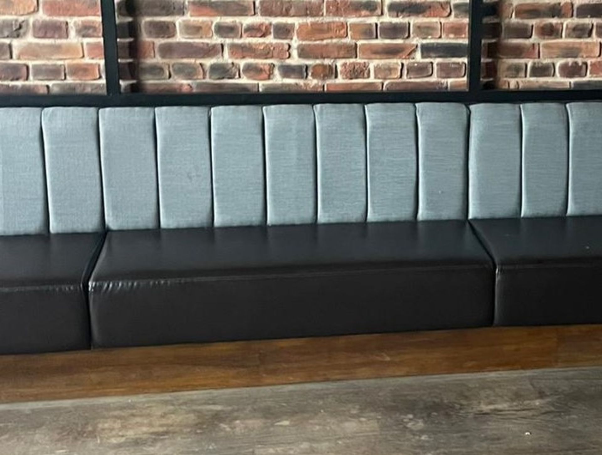 1 x Long Seating Bench With Brown Leather Seats and Grey Backrests - Comes in Four Sections For Easy