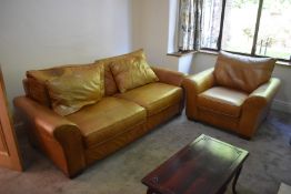 1 x Two Piece Suite Including Sofa and Armchair in Tan Leather Upholstery - No VAT On The Hammer -