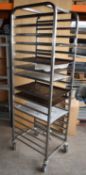 1 x Bakers 18 Tier Mobile Tray Rack With 6 Perforated Trays - Stainless Steel With Castors -