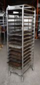 1 x Bakers 18 Tier Mobile Tray Rack With 16 Perforated Trays - Stainless Steel With Castors -