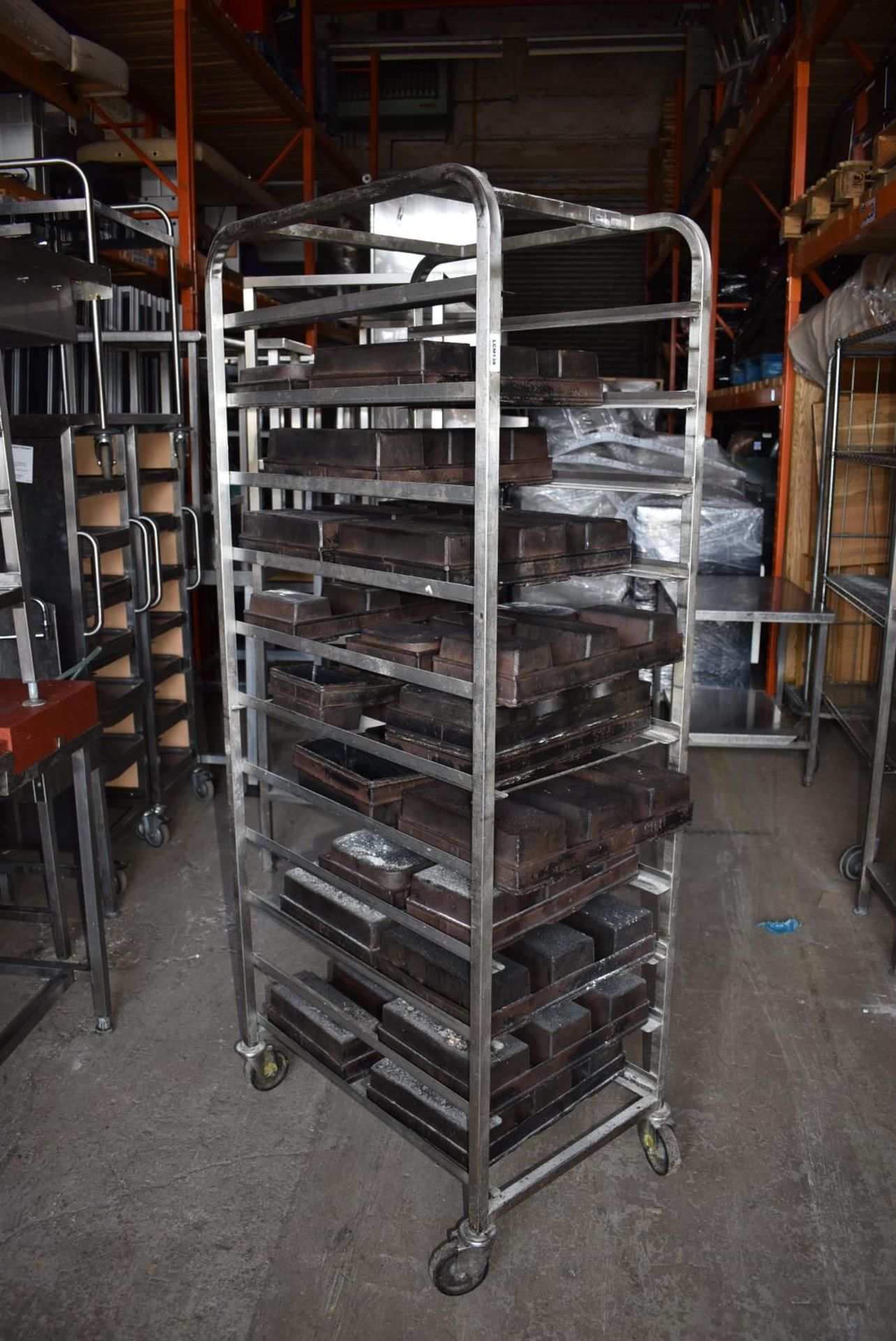 1 x Bakers Tray Rack With Various Pie Baking Trays - Stainless Steel With Castors - Recently Removed - Image 2 of 6