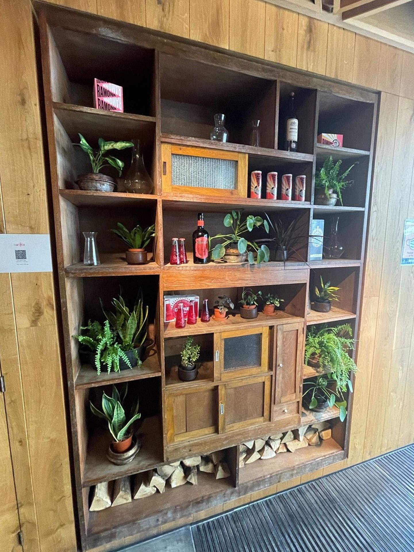 1 x Large Wooden Wall Unit / Bookcase Featuring Quirky Sliding Door Storage In The Middle -