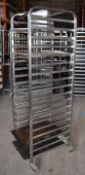 1 x Bakers Mobile 18 Tier Tray Rack - Stainless Steel With Castors - Recently Removed From Major