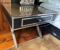 2 x Black Leather and Chrome Bedside Tables With Soft Closing Drawer, And Protective Glass Top