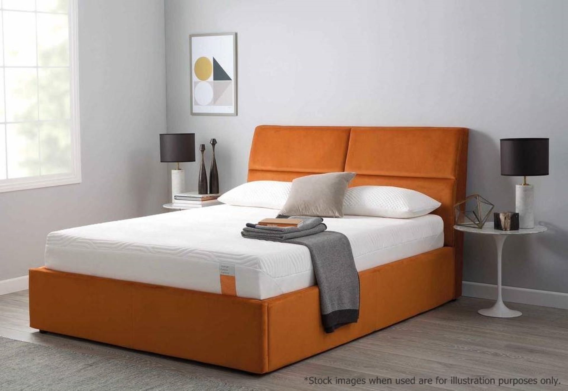 1 x TEMPUR Grafton Ottoman Double Bed Frame Upholstered In An Orange Velvet - 135x190cm - RRP £1,149