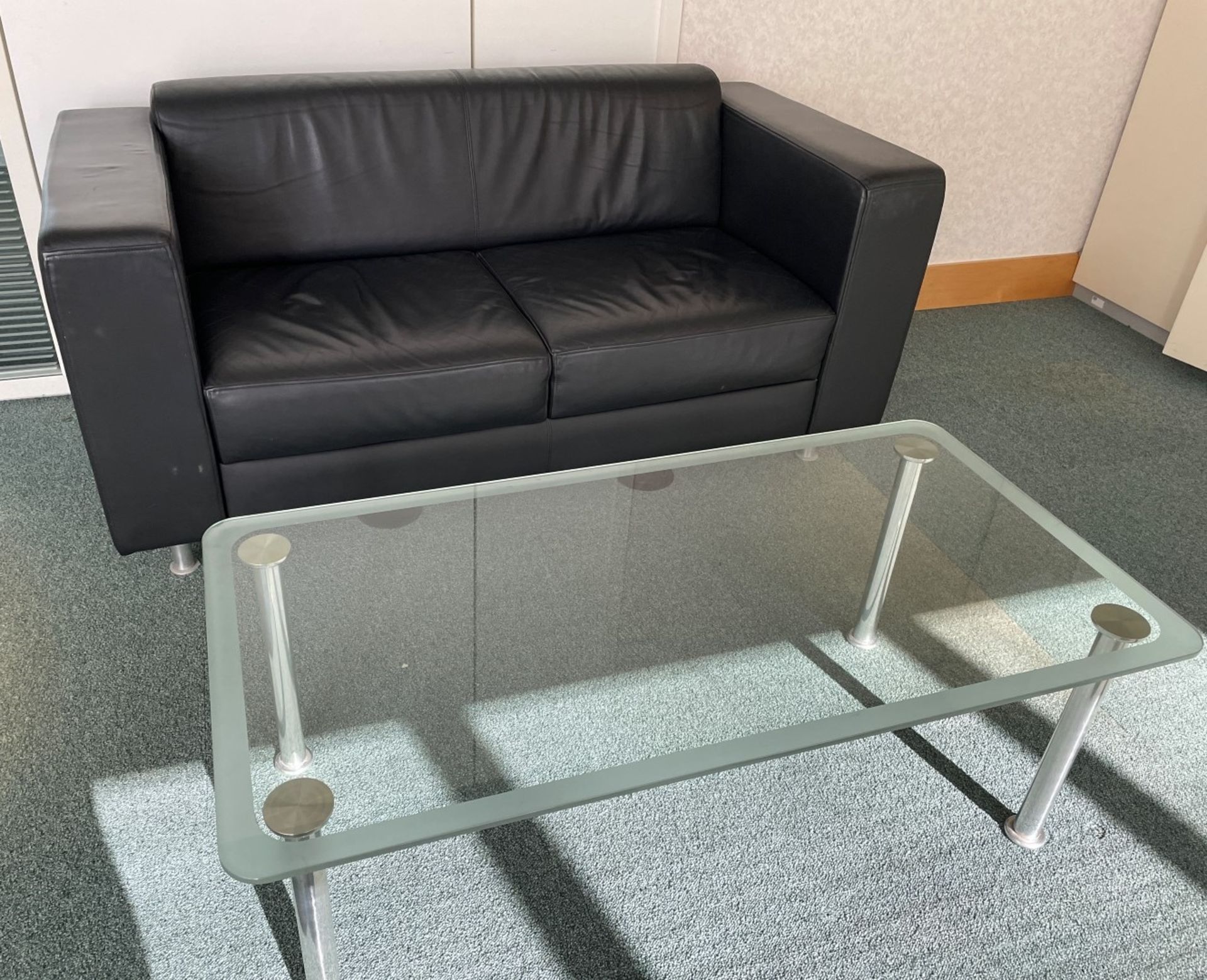 1 x Black 2-Seater Sofa With Glass Table - Dimensions: Sofa W160 x D80 x H73cm / Table W120 x D60 x