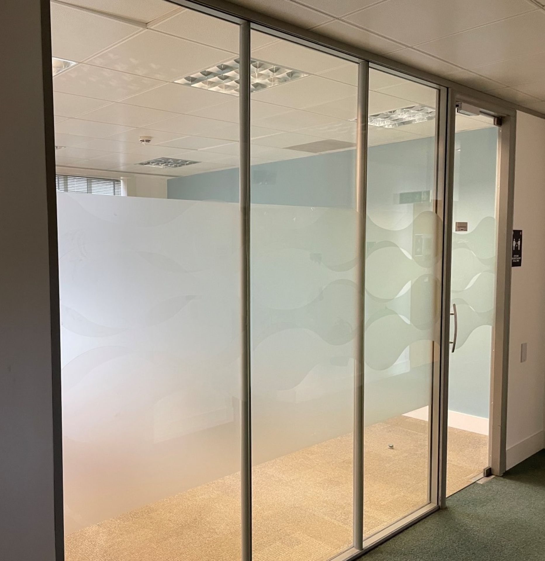 3 x Glass Office Partition Panels, And 1 x Glass Door With Release Button - Currently Covers An Area - Image 2 of 7