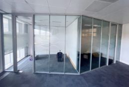 8 x Glass Partition Panels With 2 x Glass Doors And Frame - Covers An Area Of 7.2 Metres Across,