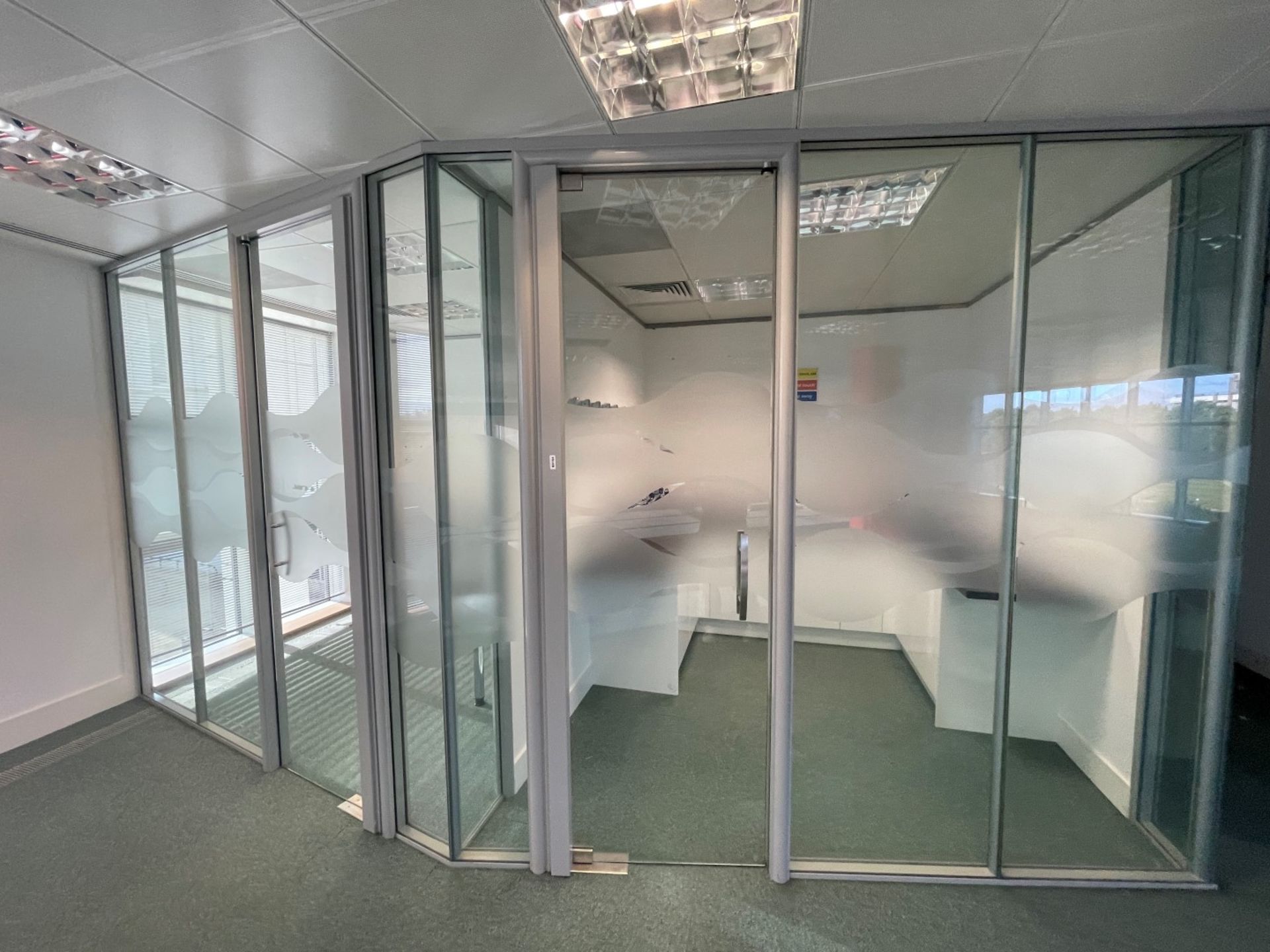 9 x Assorted Glass Office Dividers Panels With 2 x Glass Doors - Currently Covering 2 Offices