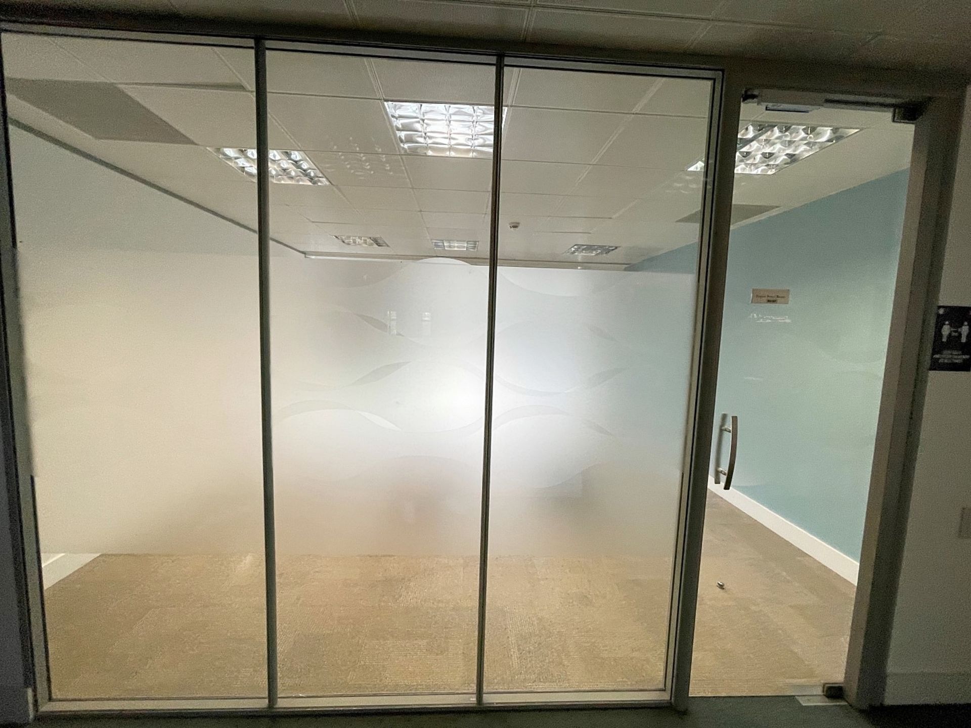 3 x Glass Office Partition Panels, And 1 x Glass Door With Release Button - Currently Covers An Area - Image 3 of 7