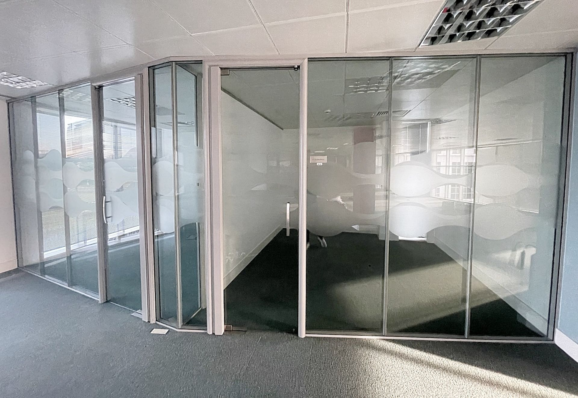 12 x Assorted Glass Partition Panels And Doors - Covers An Area Of 7.3 Metres Across, Height