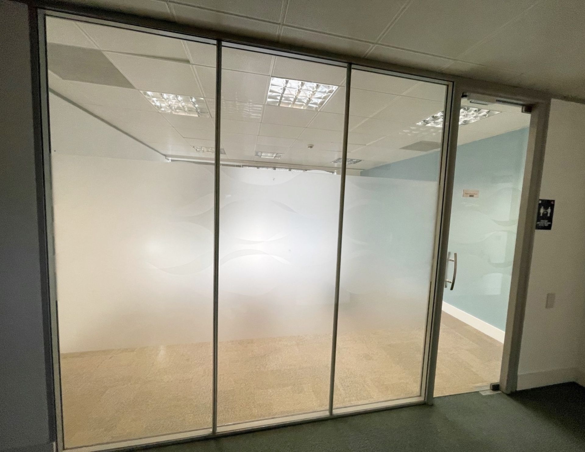 3 x Glass Office Partition Panels, And 1 x Glass Door With Release Button - Currently Covers An Area