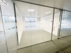 3 x Glass Office Partition Panels And 1 x Door - Currently Coverage An Aera Of 397cm Across - Ref: