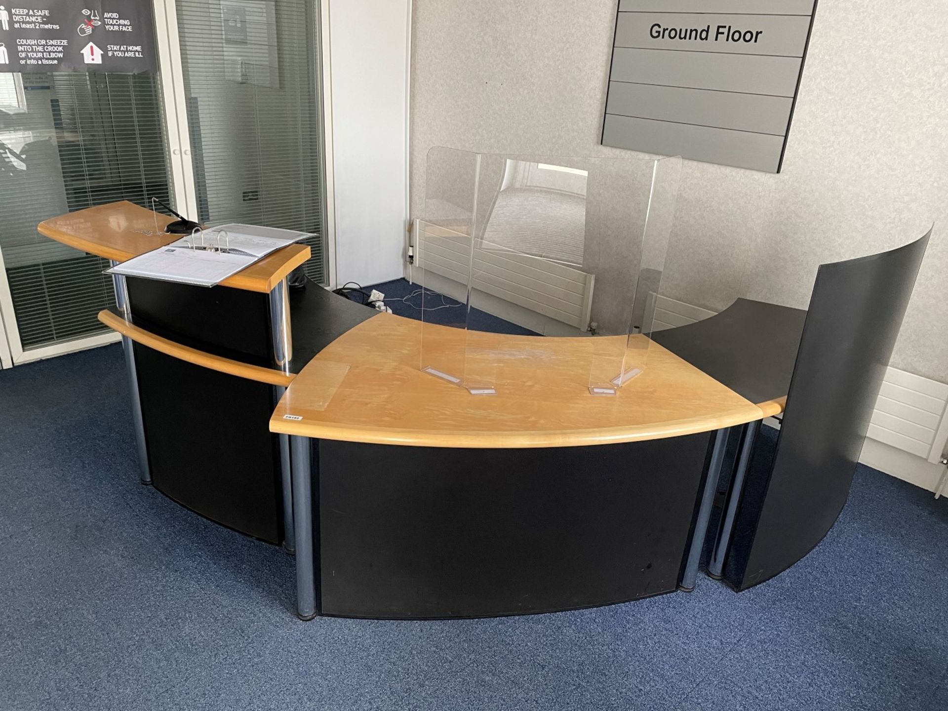 1 x Curved Wood Topped Reception Desk - Strainless Steel &amp; Smoked Glass Construction - Ref: ED15