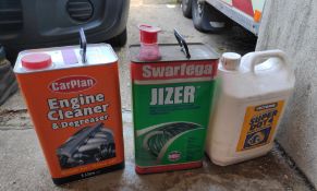 3 x Containers of Car Fluids - Engine Cleaner, Swarfega and Brake Fluid - CL682 - Location: Bedford