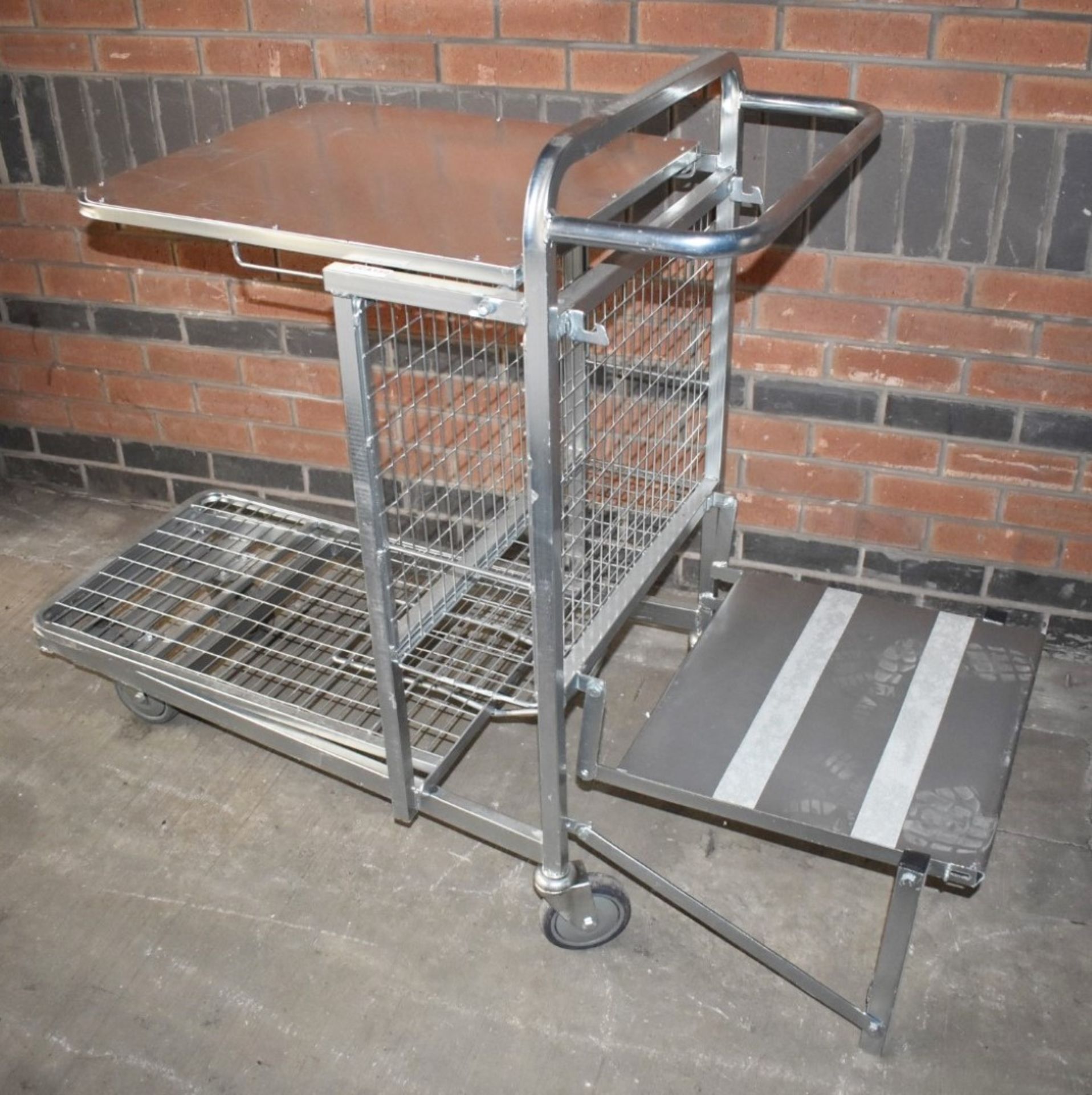 1 x Supermarket Retail Merchandising Trolley With Pull Out Step and Folding Shelf - CL595 - Ref: CCA