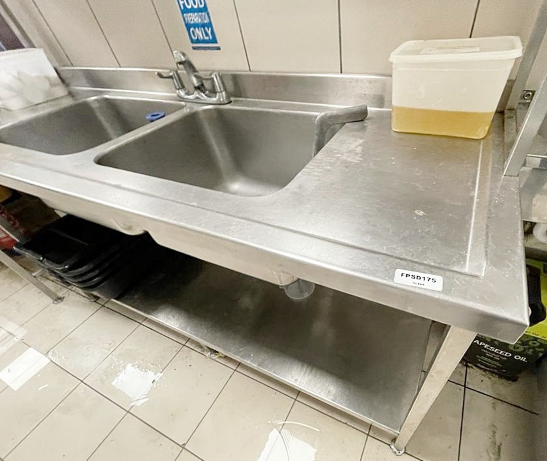 1 x Stainless Steel Commercial Kitchen Double-Basin Sink Unit With Shelf Above, Upstand, And - Image 3 of 3