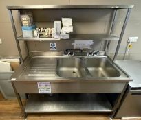1 x Stainless Steel Commercial Two Bowl Sink Unit With Mixer Taps and Overhead Shelves - Dimensions: