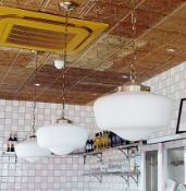 6 x Art Deco-Style Ceiling Lamps Fittings In Brass With Opal Glass Shades, Suspended From Chains -