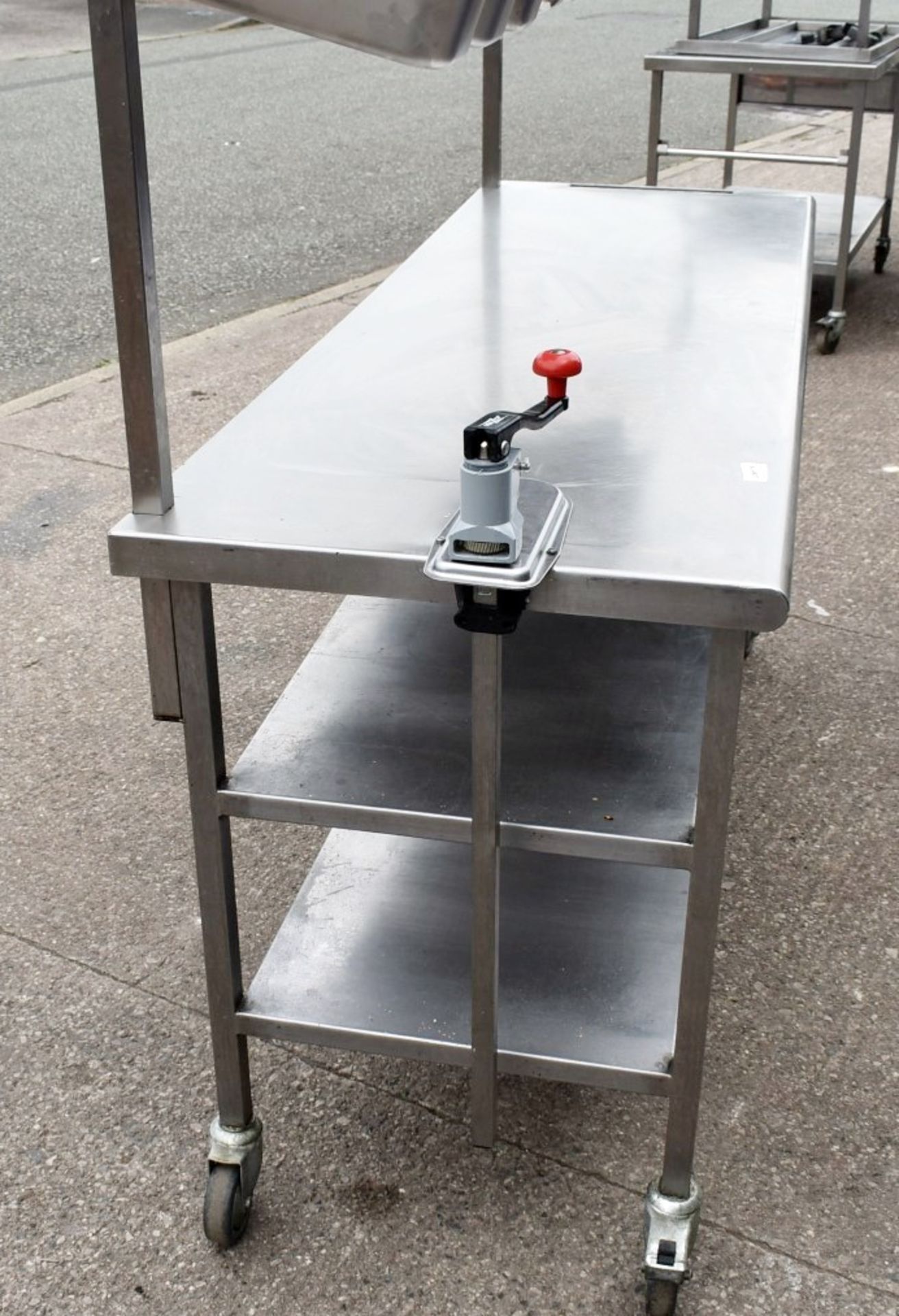 1 x Stainless Steel Mobile Prep Bench Featuring Overhead Pizza Topper Shelf With 9 Gastro Topper Pan - Image 16 of 17